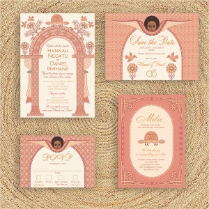 Innamorati in Paradiso Suite per inviti di nozze, Crema e Corallo, Etiope, Eritreo, Habesha, Amarico, Tigrino