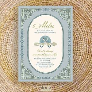 Lovebirds in Paradise Melse Invitation, Lt Blue & Sage, Ethiopian, Eritrean, Habesha, Amharic, Tigrinya, Wedding Invitation
