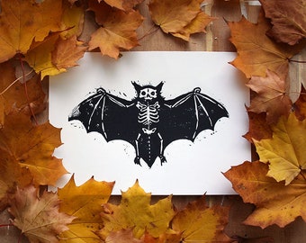 Bat Print - Original Art - Lino Print - Halloween Print - Gothic Decor - Wall Art