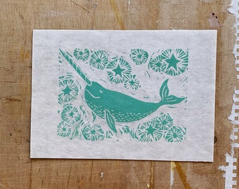 Narwhal Print - Original Art - Lino Print - Wall Art