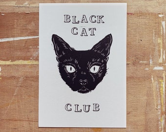 Black Cat Print - Original Art - Lino Print - Halloween Print - Gothic Decor - Wall Art