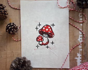 Mushroom Lino Print – Original Red Polka Dot Art on Lokta Paper