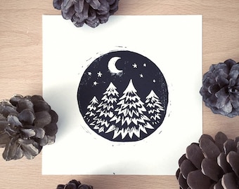 Winter Night - Original Art - Lino Print - Forest Print - Hygge Decor - Wall Art
