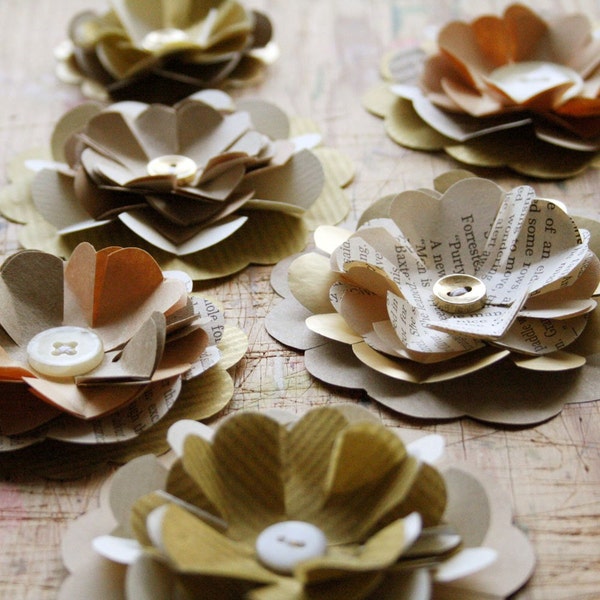 6 Gold and Brown Recycled Paper Flowers - Upcycled Paper Decorations - Christmas Gift Wrap