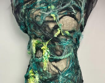 Black Silk Gauze Wool Felted Seaweed Mesh Dress Small Medium OOAK Handmade Avant Garde RARE 90s Futuristic