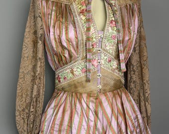 Dusty Mauve Striped Silk Floral Lace Rhinestone Bow Dress Small Medium