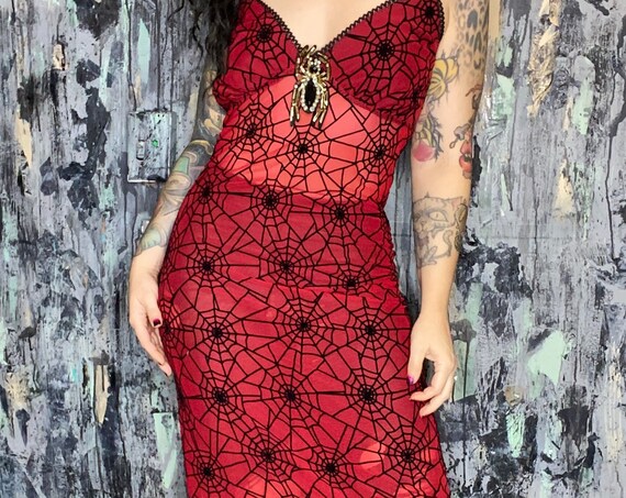 AntiLabel Red & Black Spiderweb Mesh MIDI Slip Dress Medium