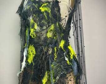 Neon Black Textured Sheer Pearl Ostrich Feather Mini Tunic Dress Small Medium