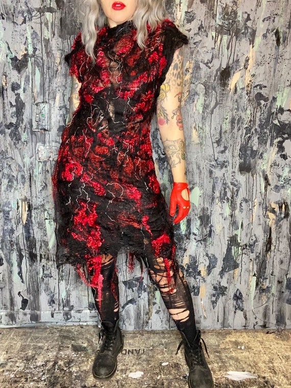 AntiLabel Red & Black Silk Gauze Wool Felted Devil Mesh Dress Small Medium