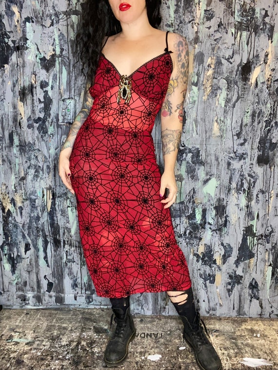 AntiLabel Red & Black Spiderweb Mesh MIDI Slip Dress Medium