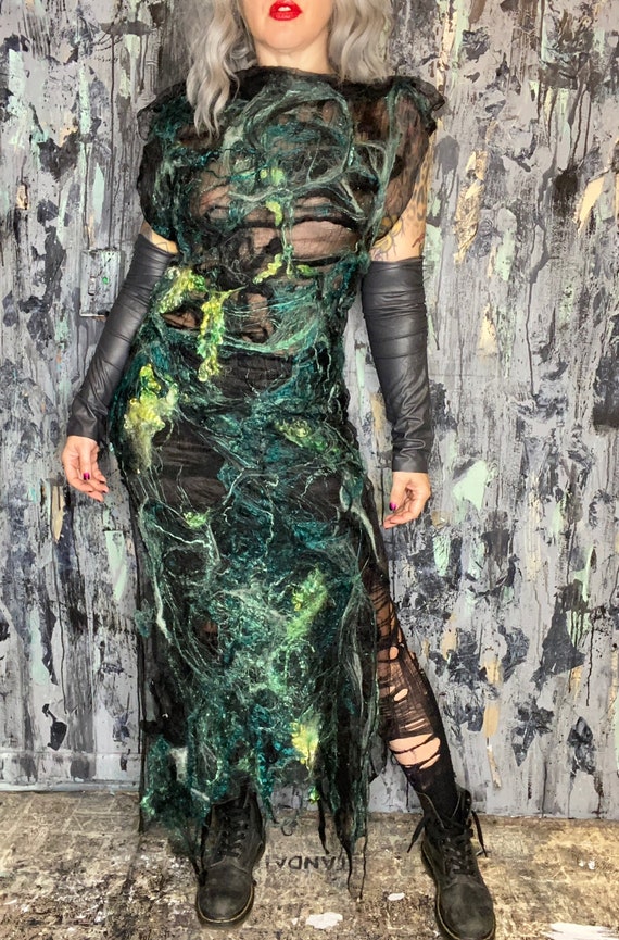 AntiLabel Black Silk Gauze Wool Felted Seaweed Mesh Dress Small Medium OOAK Handmade Avant Garde RARE 90s Futuristic
