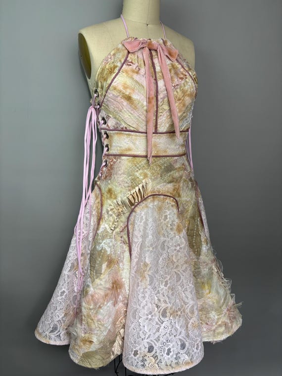 Pink Textured Lace Up Bow Dress