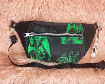 AntiLabel Black Neon Green Leather Baphomet Print Hip Sack Fanny Bag