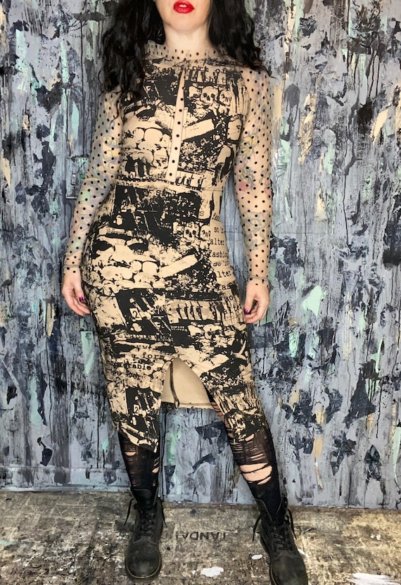 AntiLabel Mesh 90s Grunge Cutout Knit Dress SMALL Goth Punk DIY Handmade Alternative OOAK Bodycon Anti-Fashion Collage Printed
