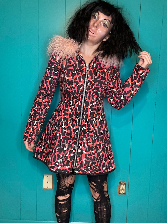 Antilabel Hot Pink Leopard Faux Fur Denim Hooded Coat SMALL Medium Goth Punk Handmade DIY Grunge 90s