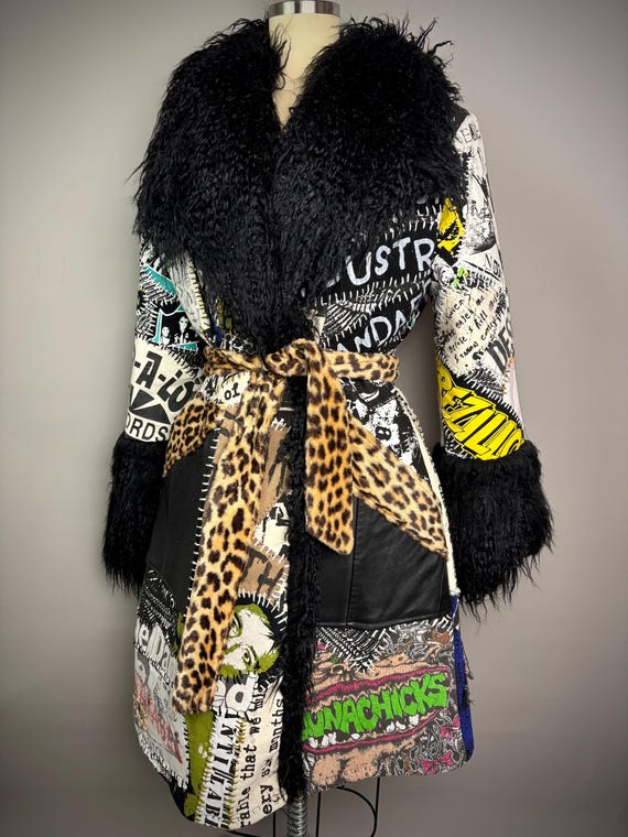Vintage Band T Patchwork Faux Fur Wrap Coat