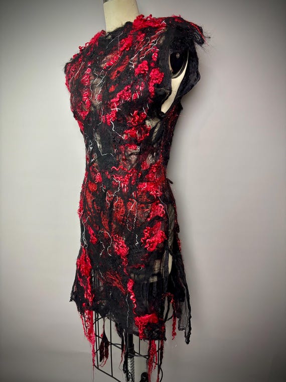 Red Black Silk Wool Felted Mesh Dress