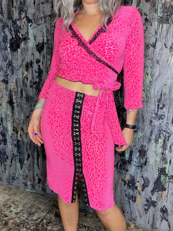 AntiLabel Hot Pink Burnout Leopard Wrap 2 piece Set Dress Skirt Small Medium