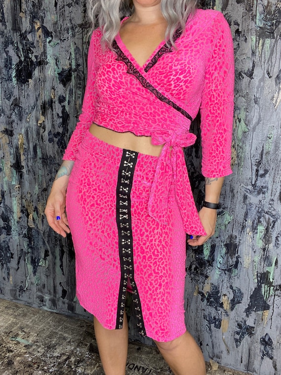 AntiLabel Hot Pink Leopard Hook & Eye  2-piece Set Dress Skirt Small Medium Handmade One of a Kind DIY Punk Neon