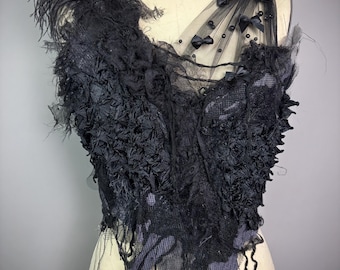 Black Spiky Textured Tulle Sheer Bow Lace Up Corset Bustier Top Small Medium
