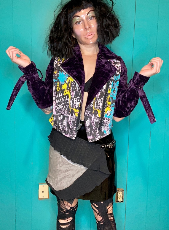 Antilabel Purple Velvet Collage Motorcycle Cutout Jacket Small Punk Biker Handmade DIY Neon Cosplay Coat