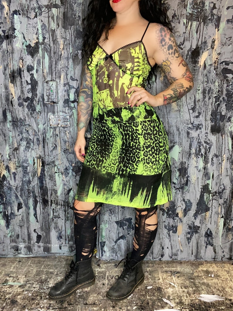 AntiLabel Neon Green Serial Killer Sheer Slip Dress Small image 1