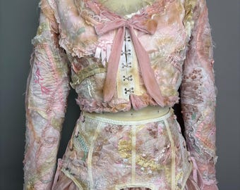 Sequin Silk Vintage Lingerie Patchwork Distressed Sequin Cropped Jacket Small Medium