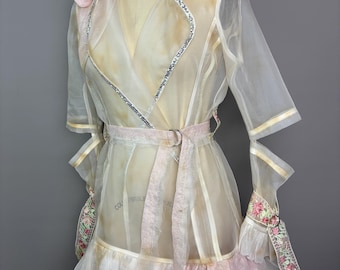 White Sheer Silk Distressed Trench Coat Wrap Jacket Small Medium Large