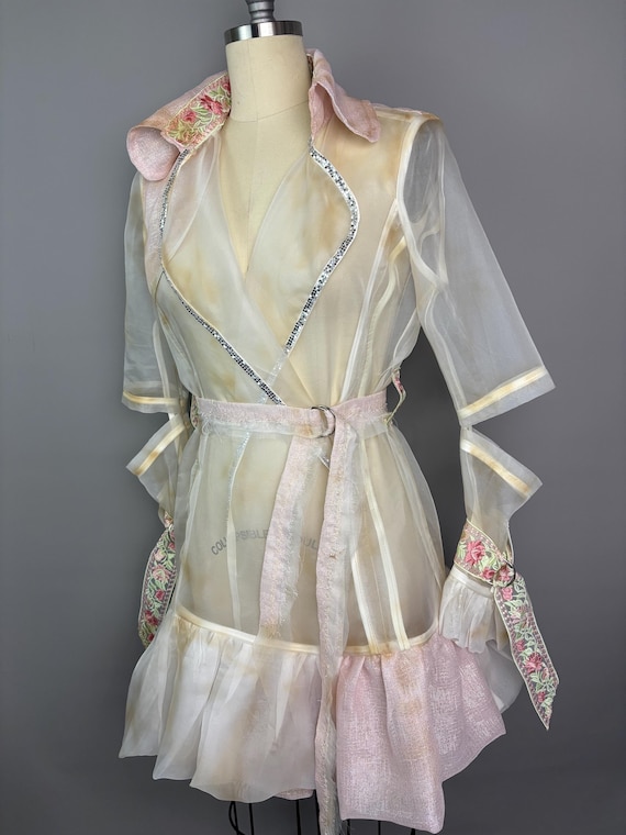 White Sheer Silk Distressed Trench Wrap Jacket