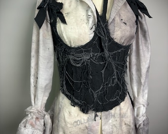 Distressed Black Denim Raw Edged Underbust Corset Top Blouse Shirt