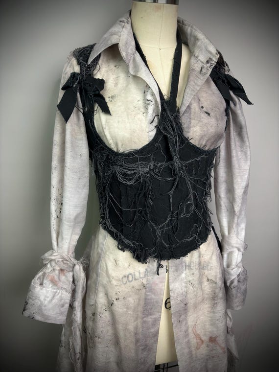 Distressed Black Denim Corset & Blouse