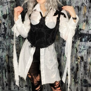 AntiLabel Black Distressed Denim Corset  Top SMALL MEDIUM Goth Seaweed Futuristic Punk Ctber Handmade DIY Grunge 90s