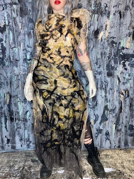 AntiLabel Deconstructed 100% Silk Wool Sheer Gauze Dress SMALL MEDIUM Avant Garde Futuristic Punk Goth Draped Bodycon Grunge