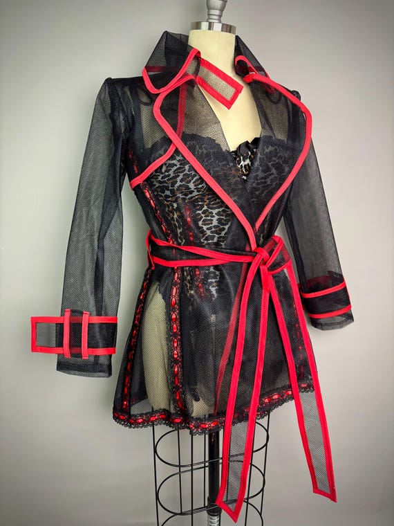 Black Mesh Heart Shaped Ribbon Trench Coat