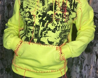 AntiLabel Neon Yellow & Pink Serial Killer Skull Sweatshirt Hoodie Small Medium