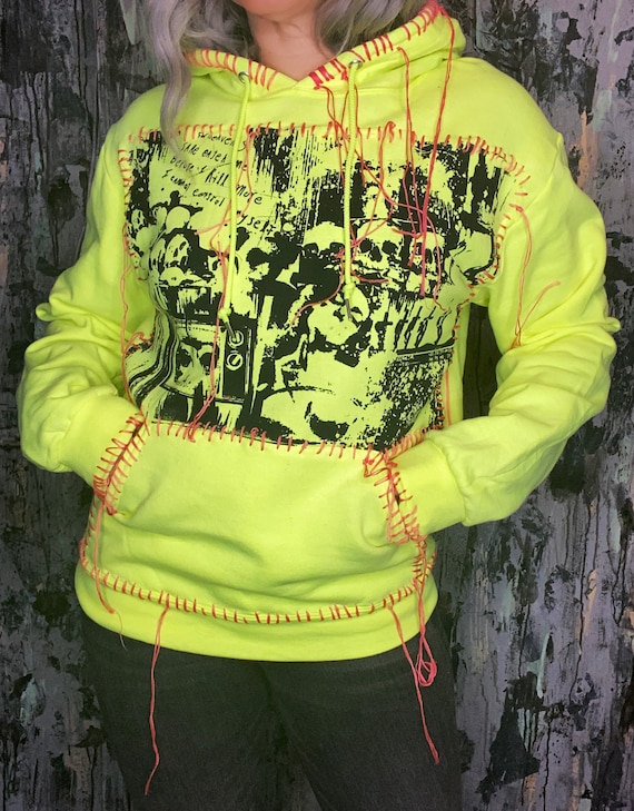 AntiLabel Neon Yellow & Pink Serial Killer Skull Sweatshirt Hoodie Small Medium