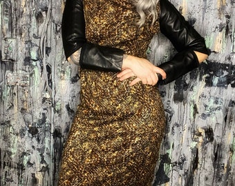 AntiLabel Brown Herringbone Dress w/ Vintage Leather Cutout Sleeves S-M