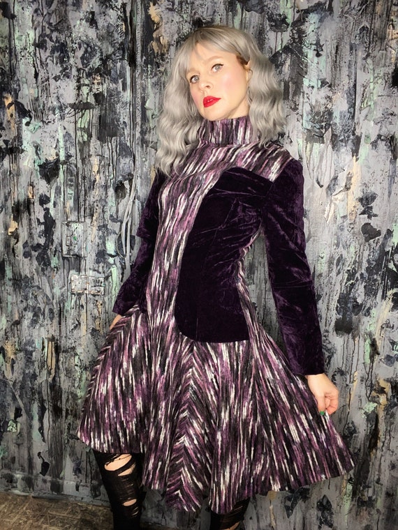 AntiLabel Velvet Purple Wool Futuristic Mod Dress MEDIUM Gothic Vampire Striped 60s Cyber Punk Handmade DIY Cutout Mockneck