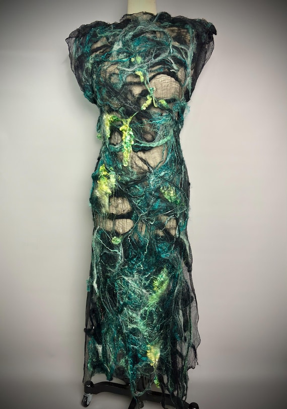 Black Silk Gauze Wool Felted Seaweed Mesh Dress