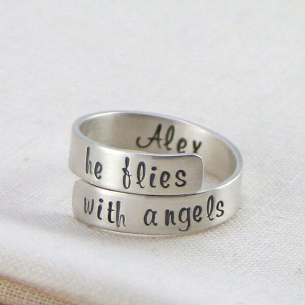 Personalized Memorial Jewelry, Miscarriage Remembrance Ring, Sterling Silver Secret Message Ring, She / He Flies With Angels