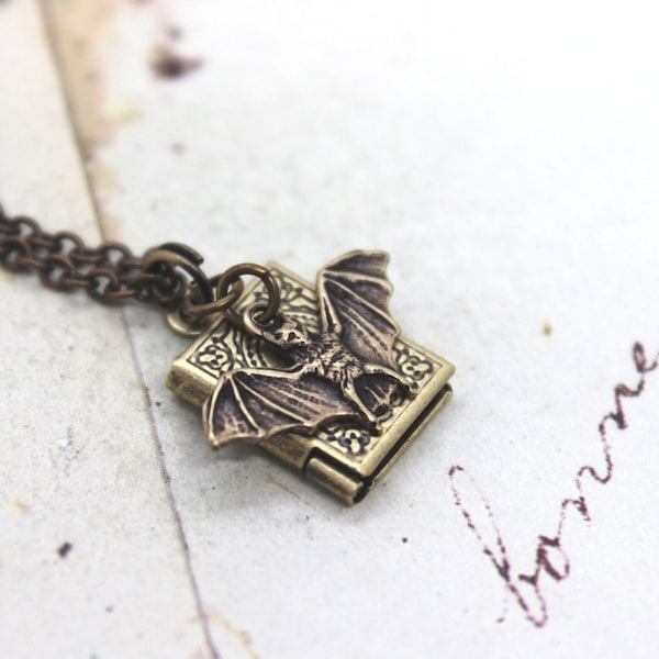 bat. locket necklace. in brass ox little book locket