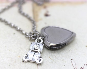 teddy bear. heart locket necklace. in antiqued shiny silver tone double sided bear