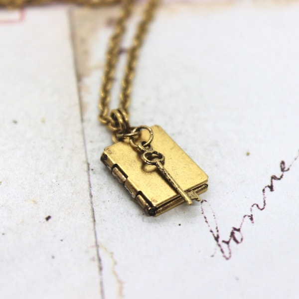 tiny key. book locket necklace gold ox jewelry