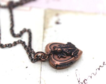 frog. heart locket necklace. copper ox jewelry bumpy frog