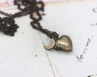 tiny moon heart. locket necklace. brass ox jewelry itty bitty size