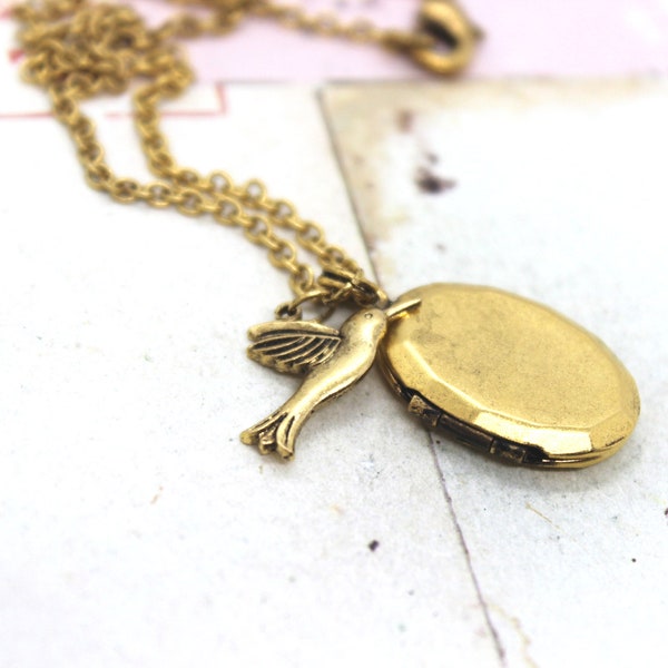 hummingbird. oval locket necklace. in gold ox jewelry