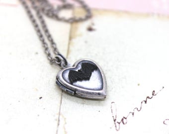 bat. heart locket necklace. silver ox jewelry black bat