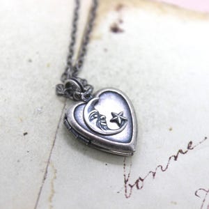 moon and star. heart locket necklace. in silver ox jewelry light weight