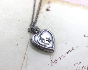 moon and star. heart locket necklace. in silver ox jewelry light weight