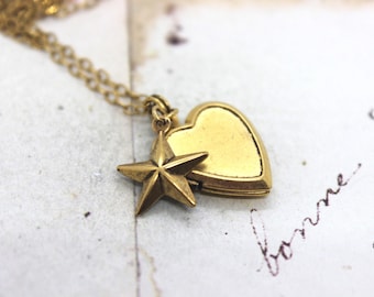 star. heart locket necklace. gold ox